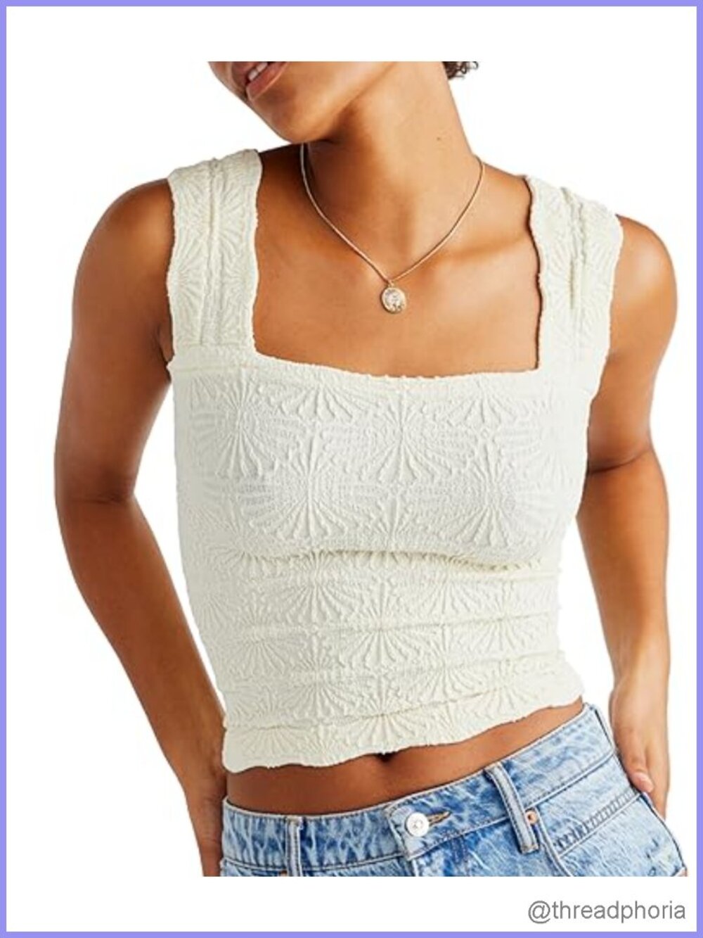 Square Neck Wide Strap Crop Tank with Flower Embroidery Lettuce Trim